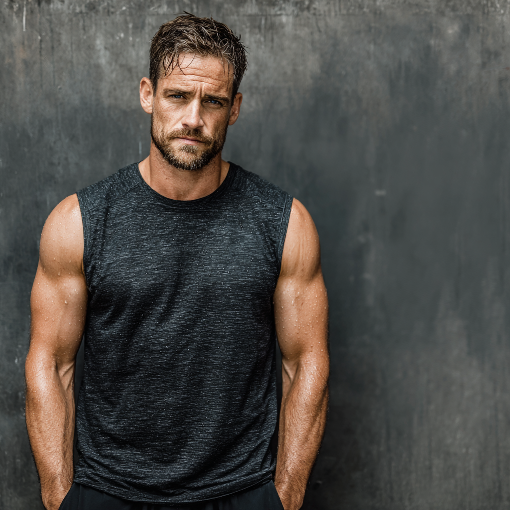 Determined man in workout attire showing mental strength and physical readiness