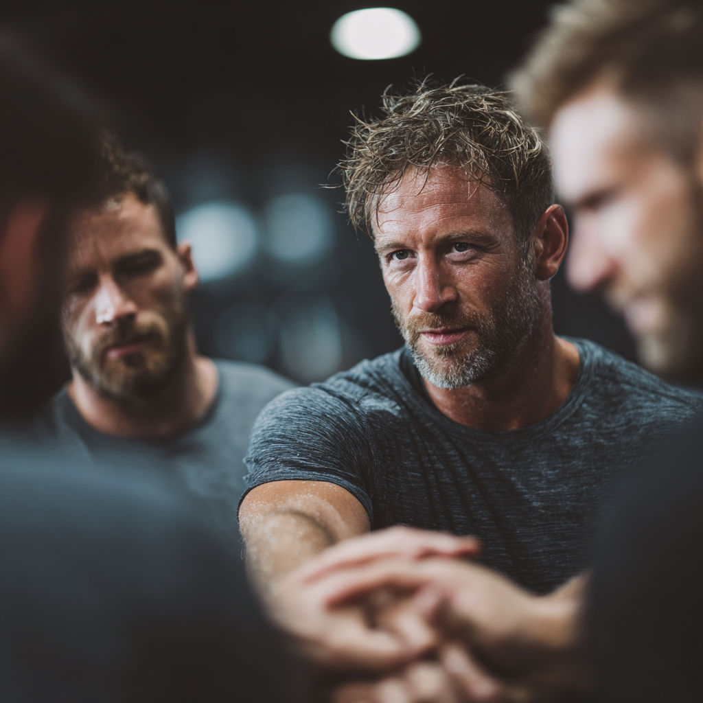 Group of motivated men supporting each other during training session showing teamwork and determination