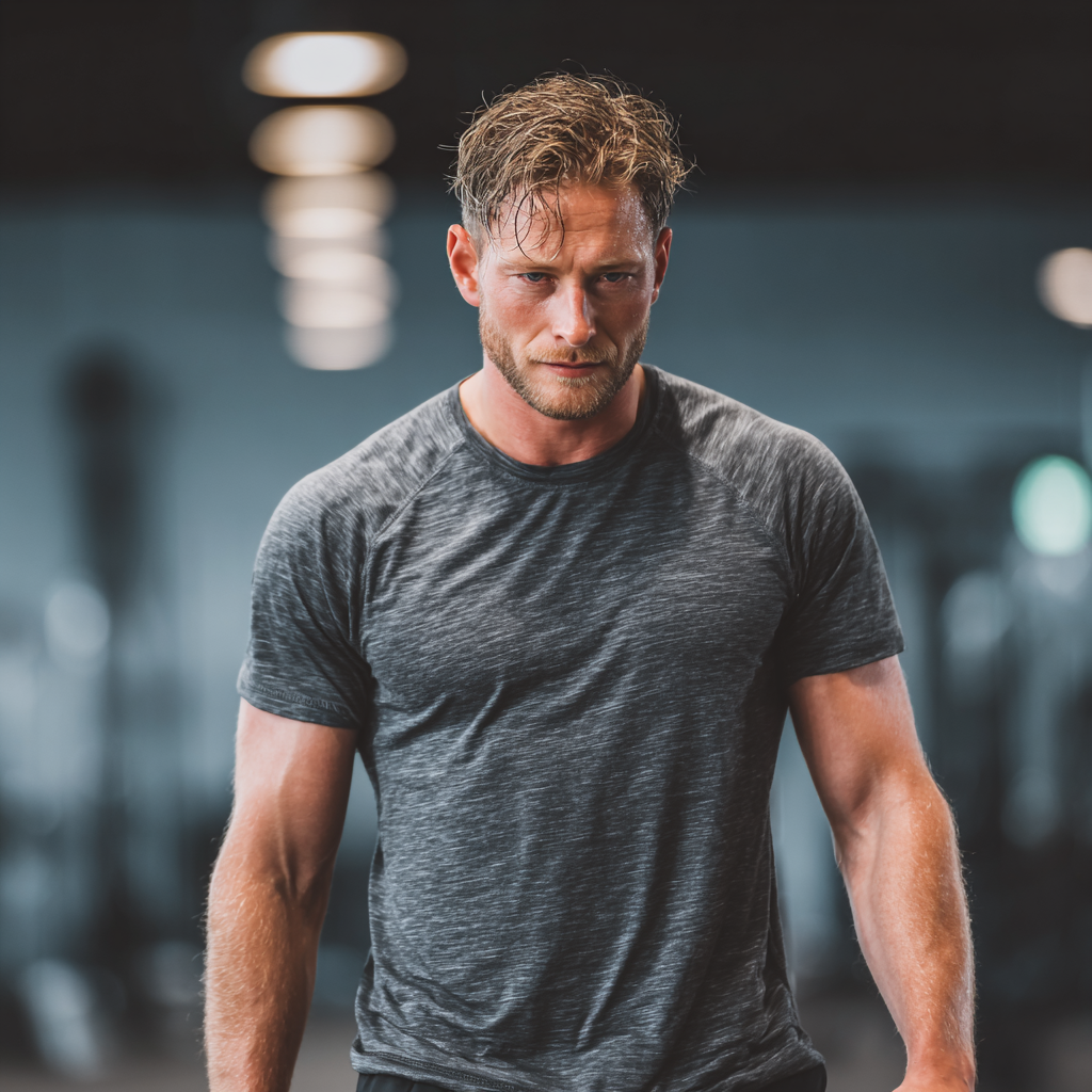 Strong confident man training with focus and determination in modern gym setting